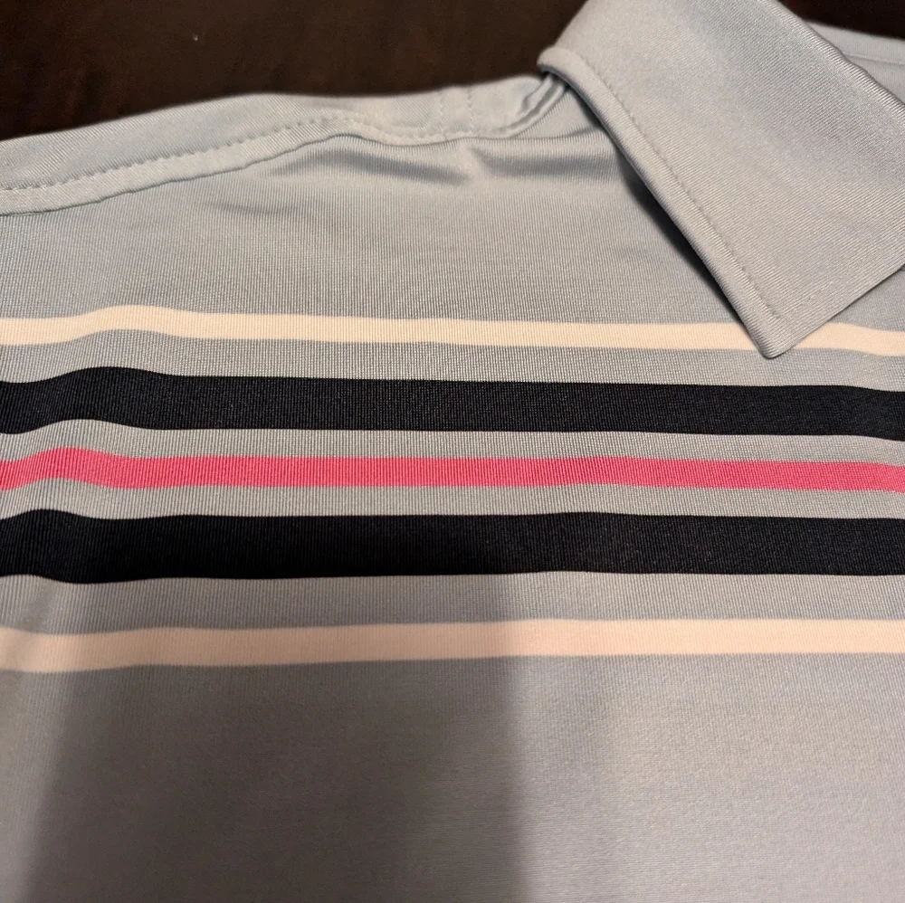 FootJoy Mens L Polo/Golf Shirt. Blueish Grey w/Pink/Navy/White Stripes - Picture 4 of 6
